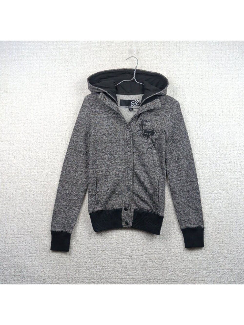 Y2K Fox Racing Button Up Heathered Gray Hoodie Women’s Sz S Grunge Alt 2000's